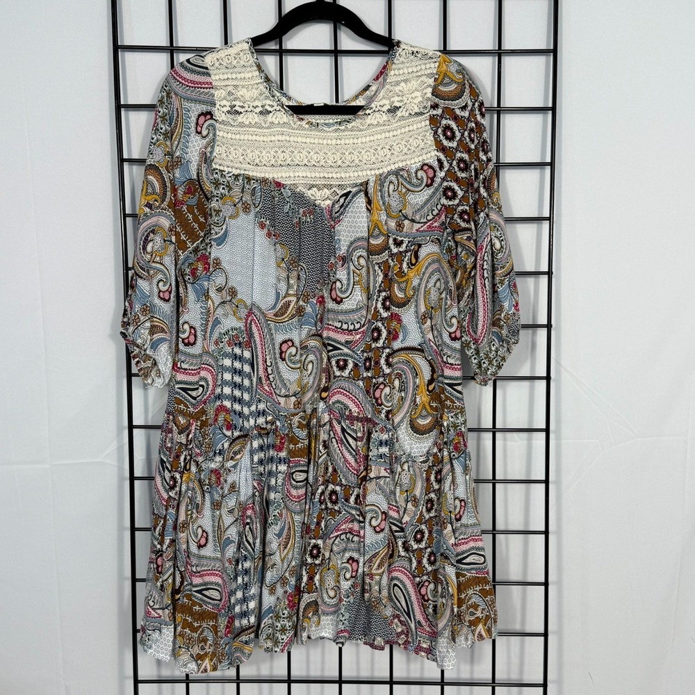 Umgee Feather Print Boho Dress Womens Small‎ Multi Festival Cottagecore Western